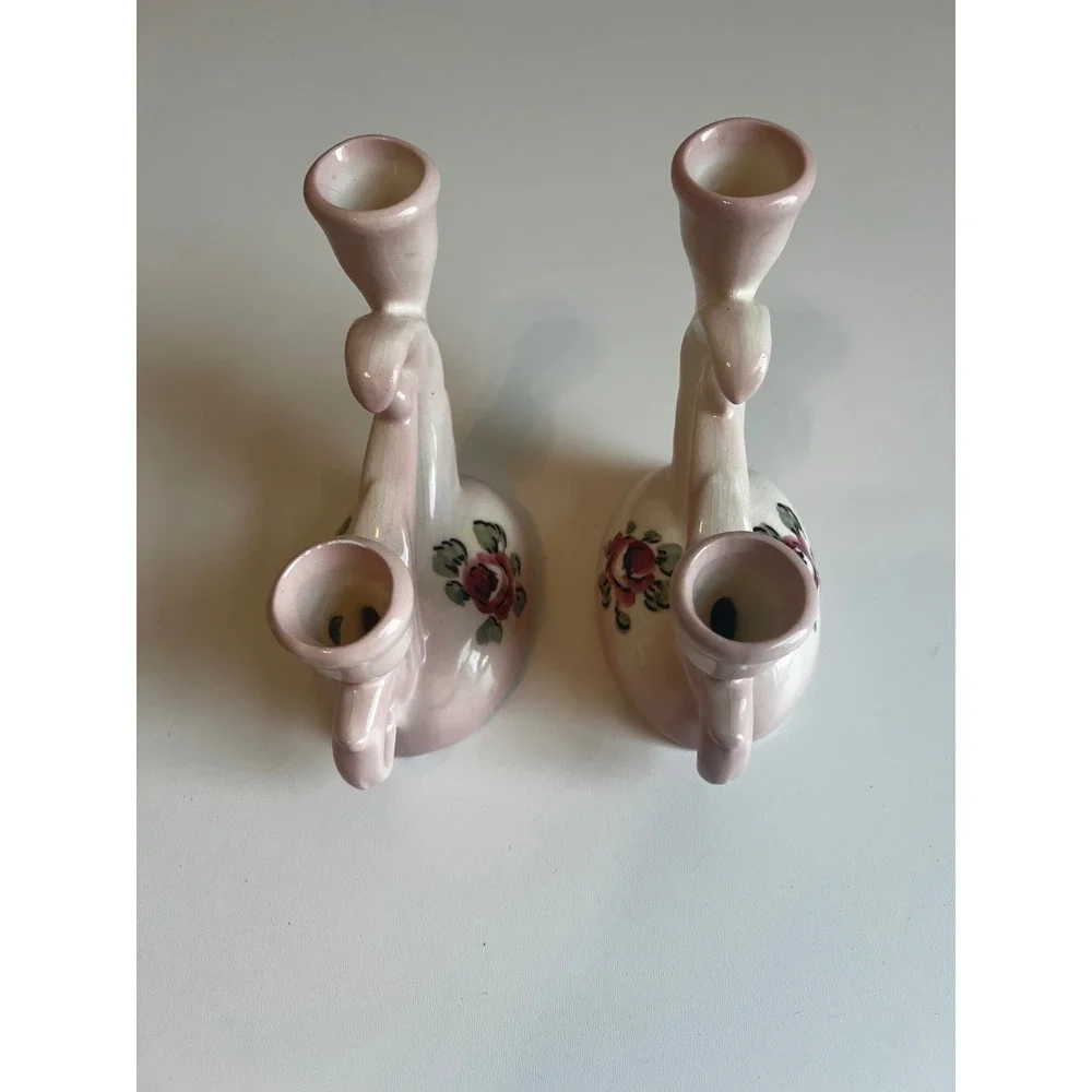 Vintage Camark Ceramic Double Candle Holders Pink Floral Rose  Pair‎